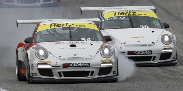 Core Auotsports number 54 GT3 Cup Porsche locks up the brakes headed into turn five.